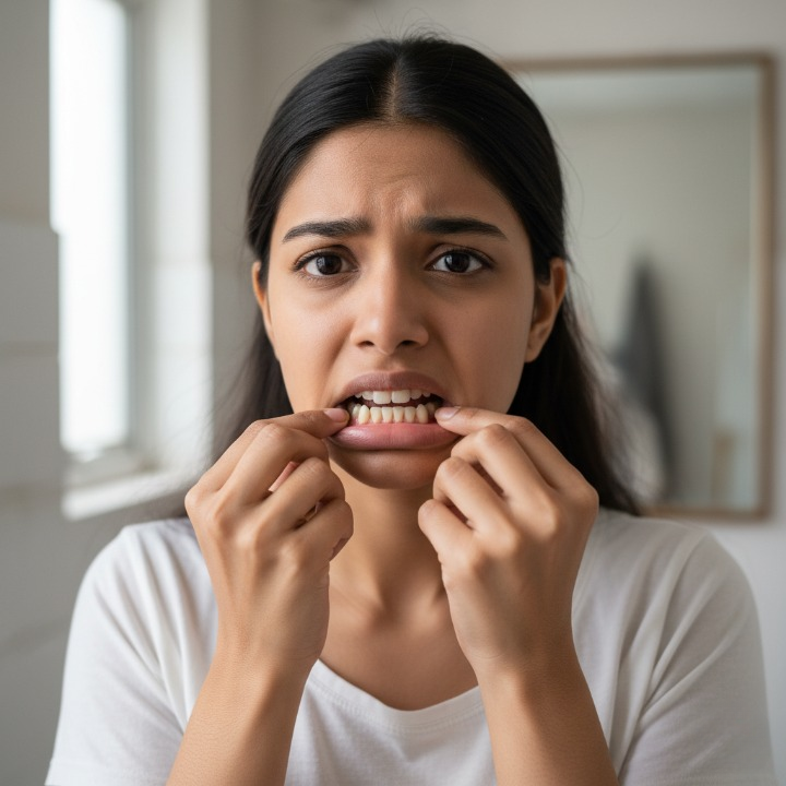 Core Dental Care | Best Dental Clinic in Bangalore & Chennai Gum Disease | Bleeding Gums | Woman gently pulling her lips to observe his gum problems