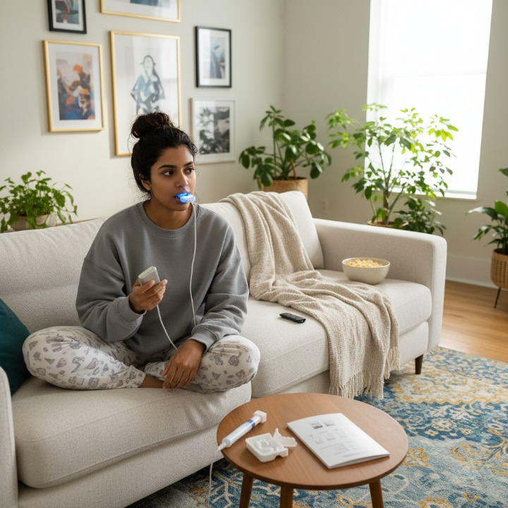 At-home Teeth Whitening | DIY Whitening | Woman Sitting On Sofa Using Teeth Whitening Kit