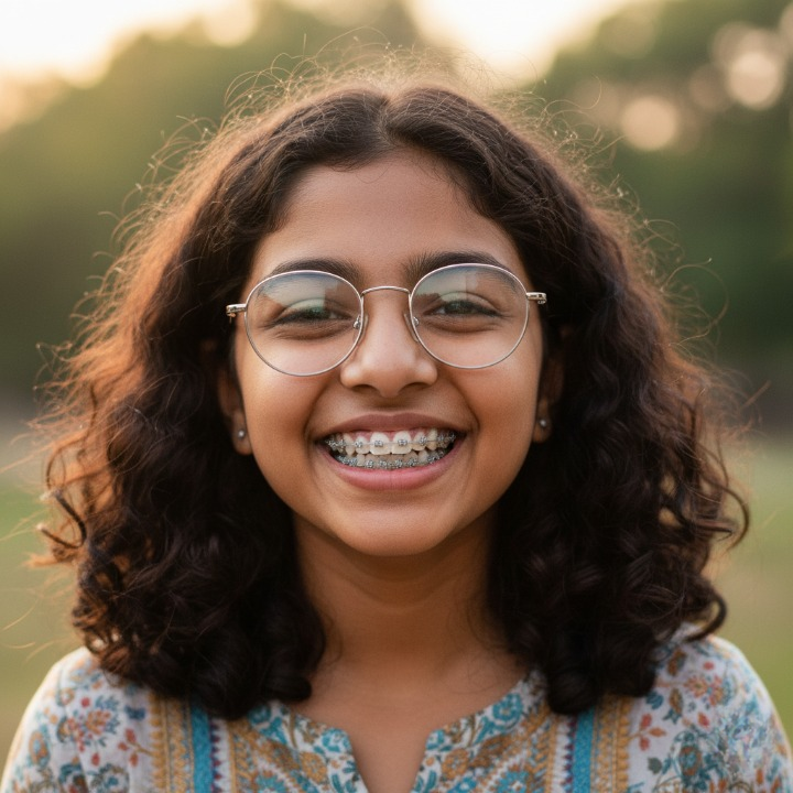 braces for teens | young girl showing her beautiful smile, wearing metal braces