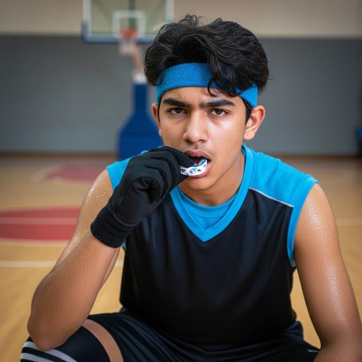 mouthguard for kids | Young teenage boy wearing a mouthguard before his sports game